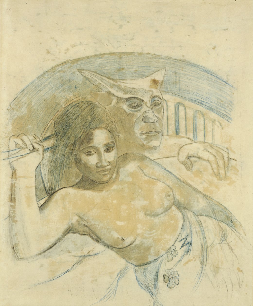 Tahitische vrouw met kwade geest door Paul Gauguin