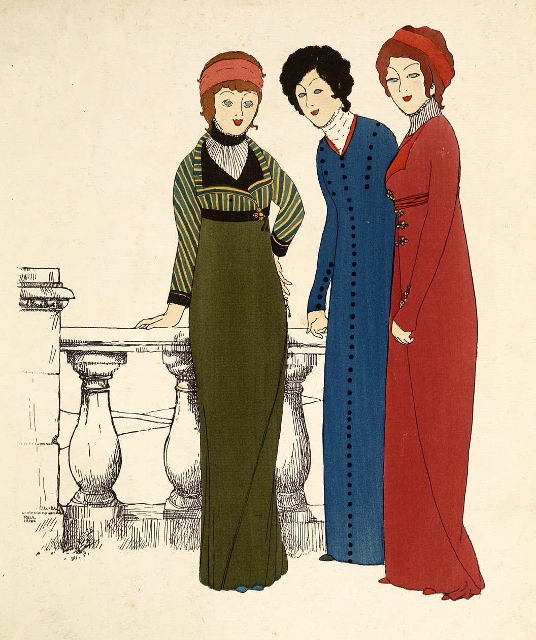 Drie dames in jurken (kleur lithografie) door Paul Iribe