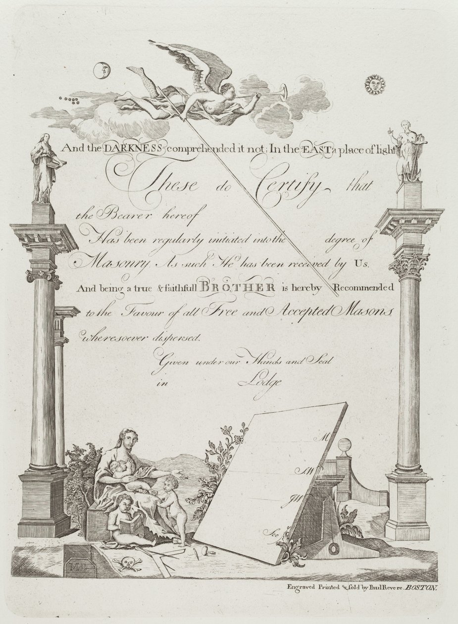 Vrijmetselaarscertificaat door Paul Revere