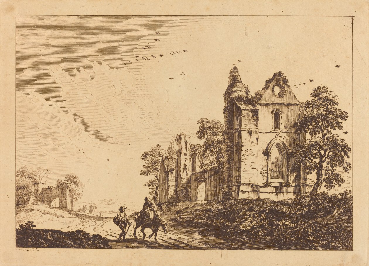 Vervallen abdij met reizigers op de weg door Paul Sandby