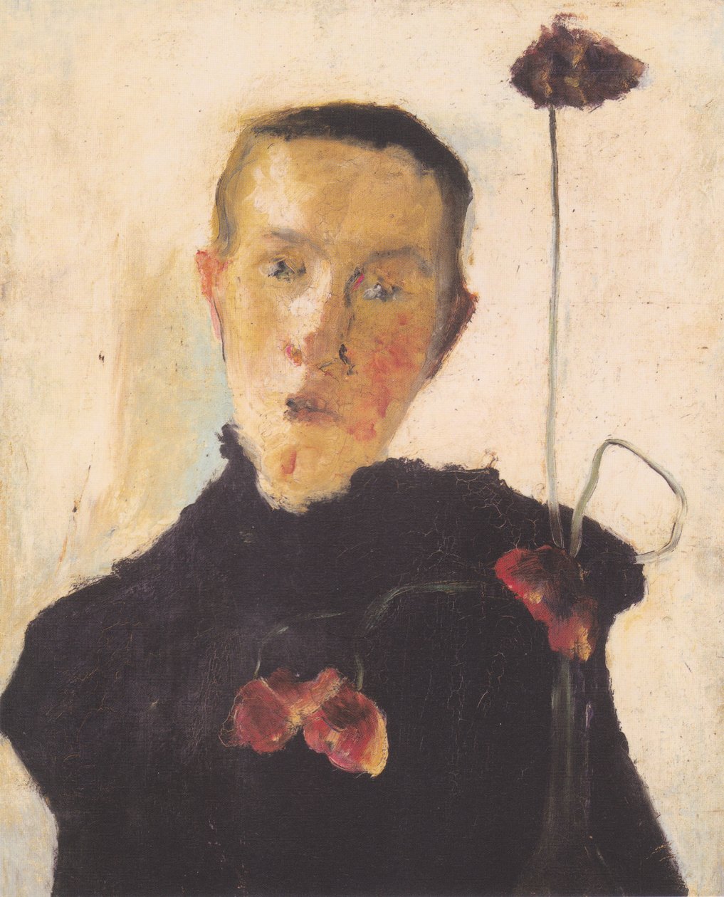 Borstbeeld van een vrouw met klaprozen door Paula Modersohn Becker