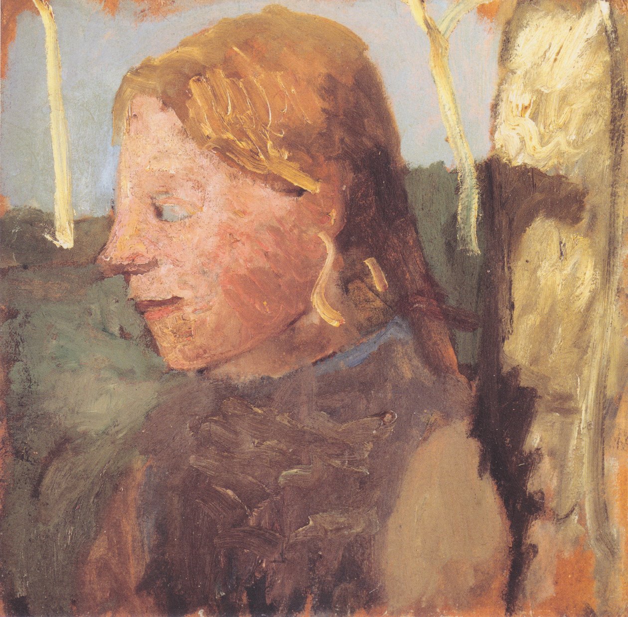 Borstbeeld van een meisje in profiel naast een berkenstam door Paula Modersohn Becker