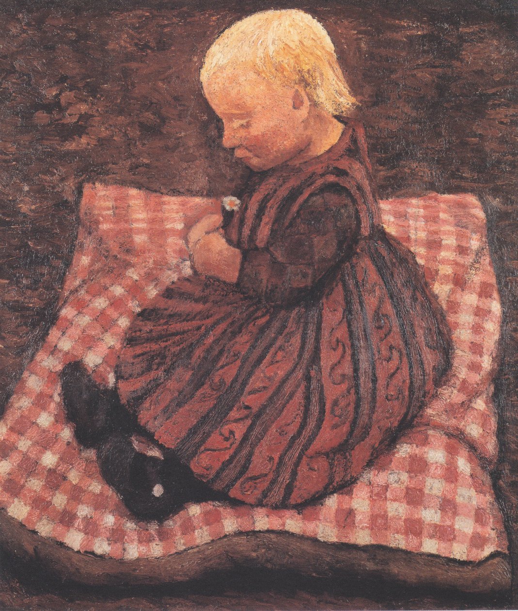 Kind op rood geruit kussen door Paula Modersohn Becker