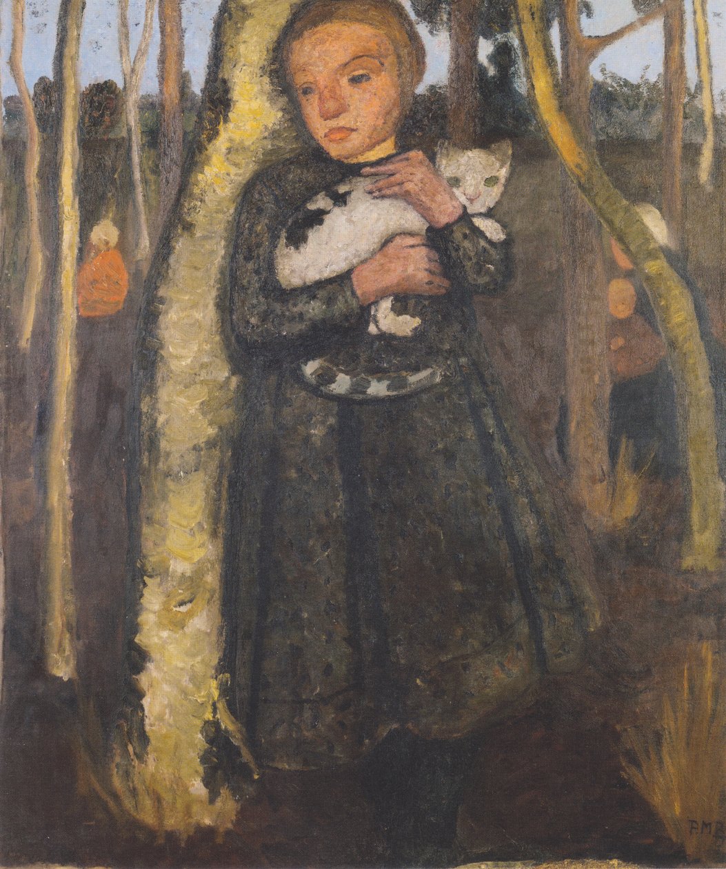 Meisje in berkenbos met kat door Paula Modersohn Becker