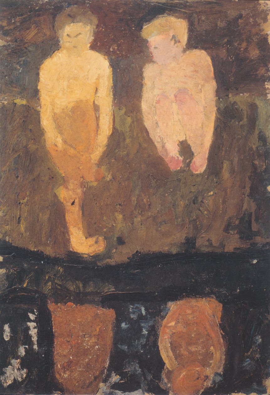 Twee naakte jongens hurkend aan de oever II door Paula Modersohn Becker