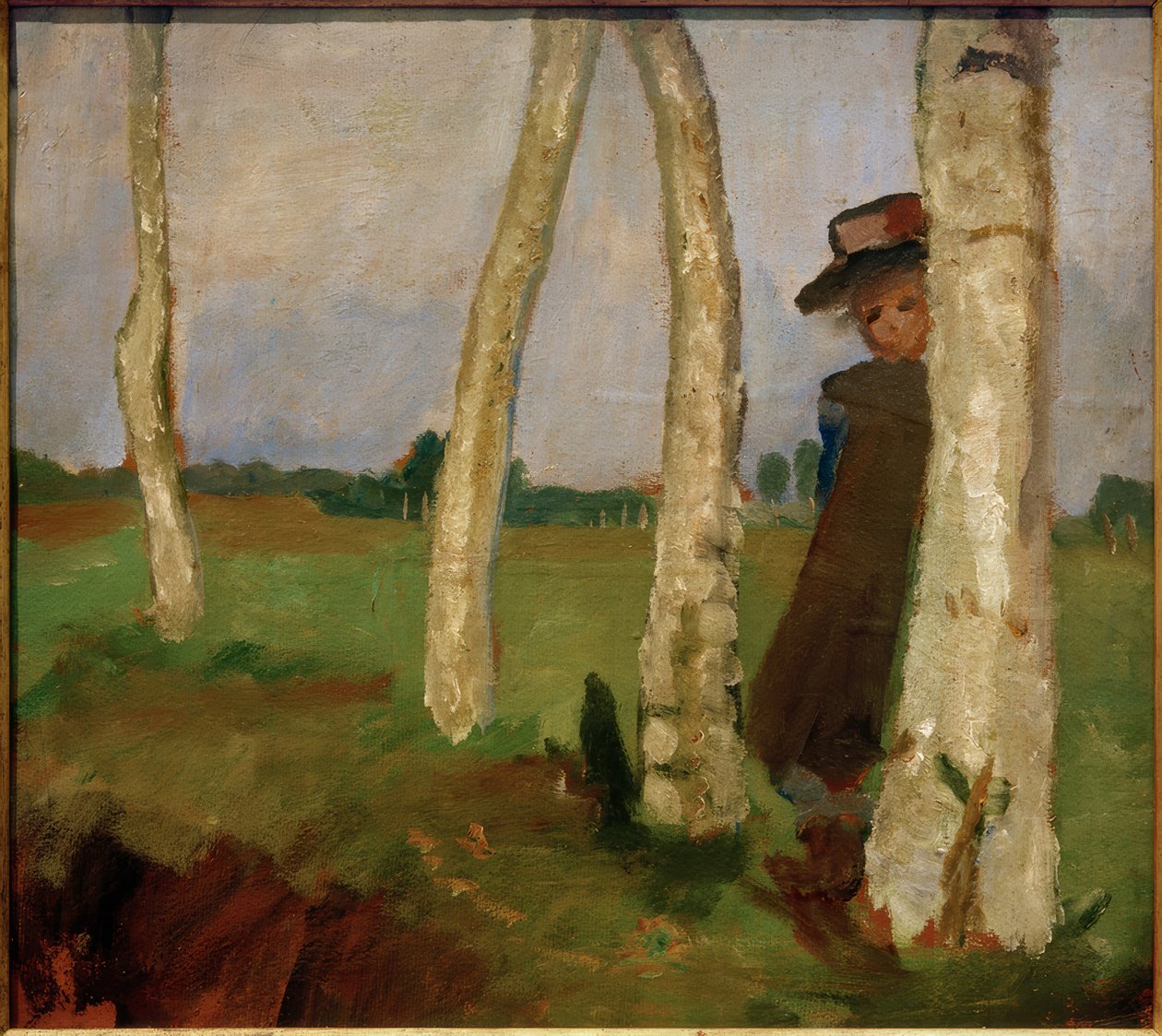Meisje met hoed tussen berkenstammen door Paula Modersohn Becker