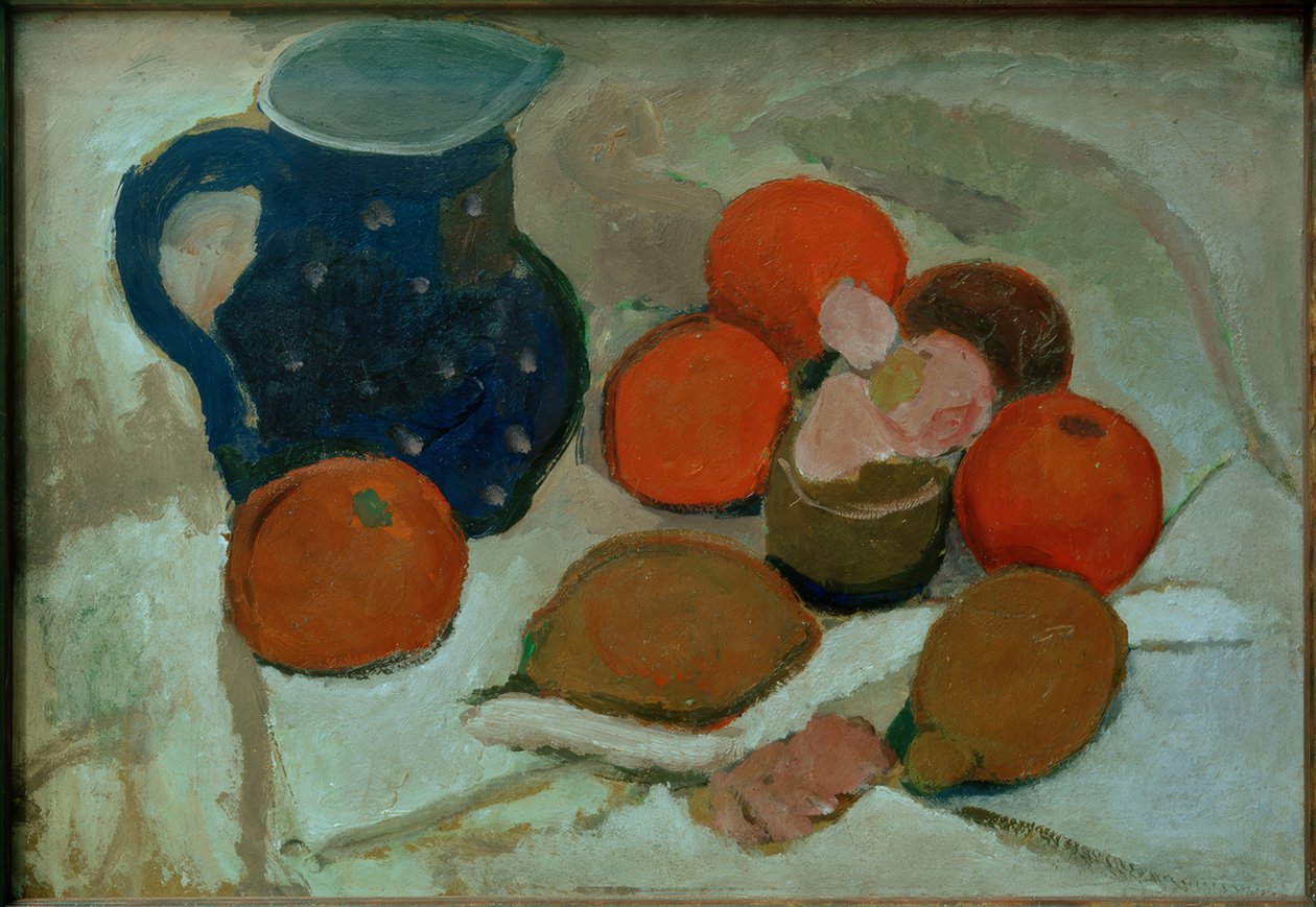 Stilleven met blauwe witgestippelde kruik (II) door Paula Modersohn Becker