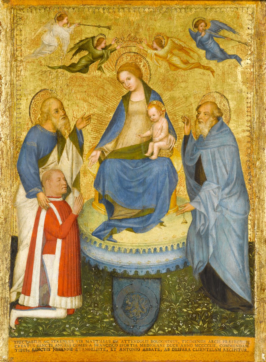 Maagd en Kind Gekroond door Engelen, met Sint Jan de Evangelist, Sint Antonius Abt, en een Donateur, ca. 1400 door Pavian School