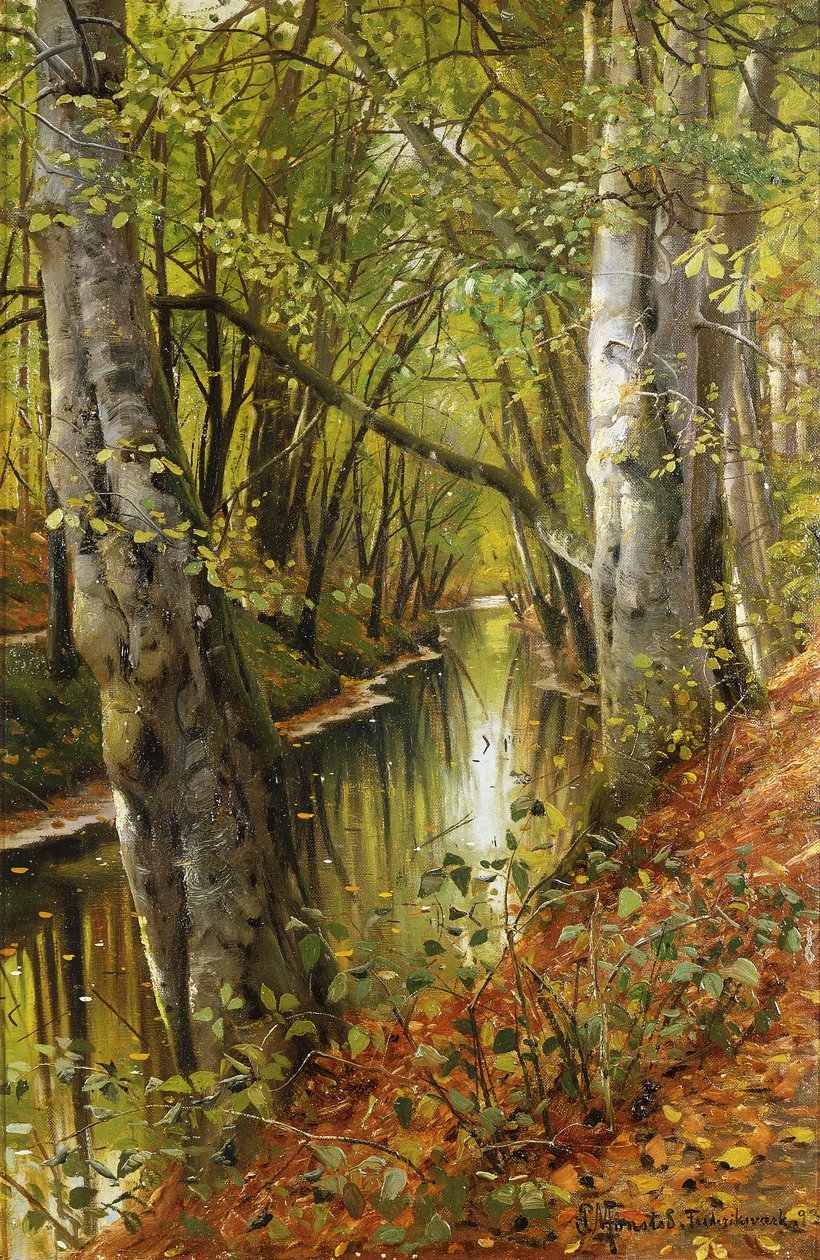 Een Bebost Rivierlandschap door Peder Monsted