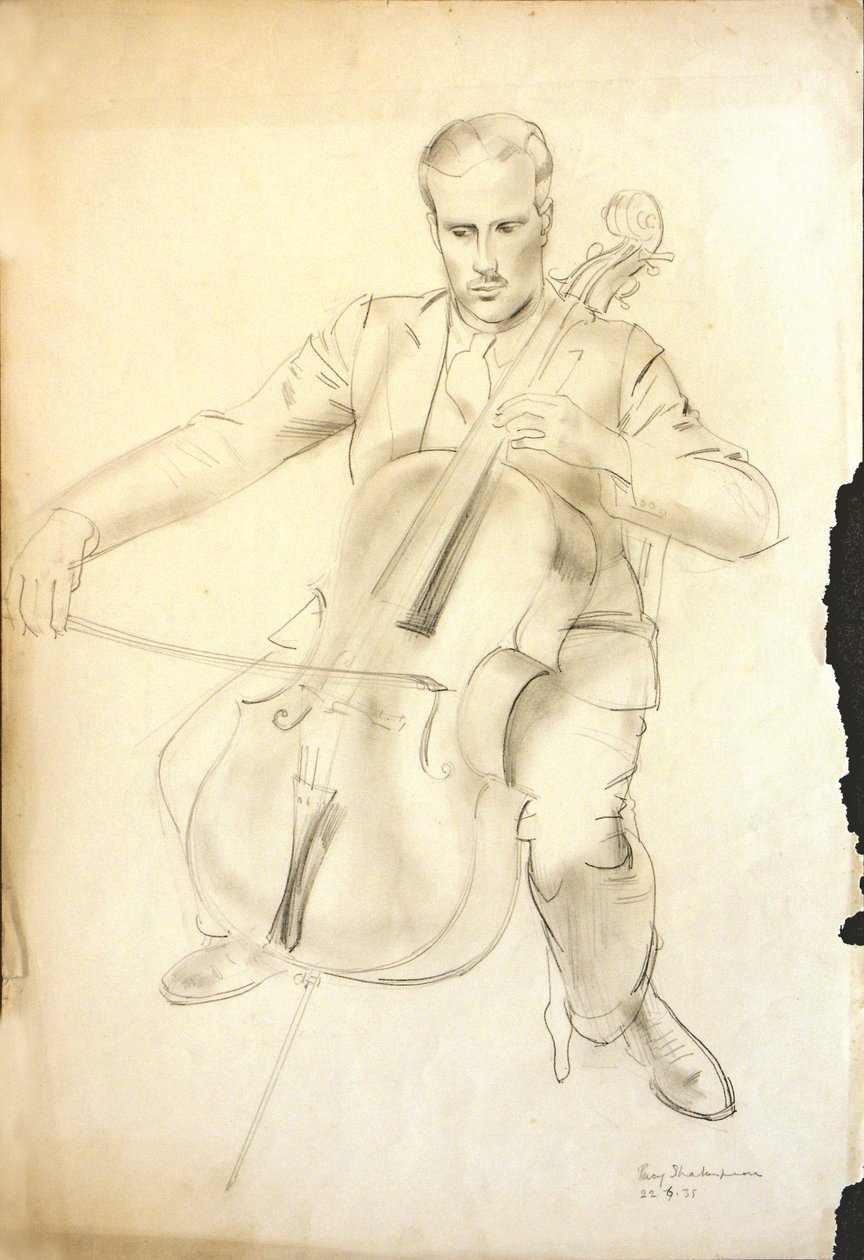 Portret van Arthur Kemp die cello speelt, 1935 door Percy Shakespeare