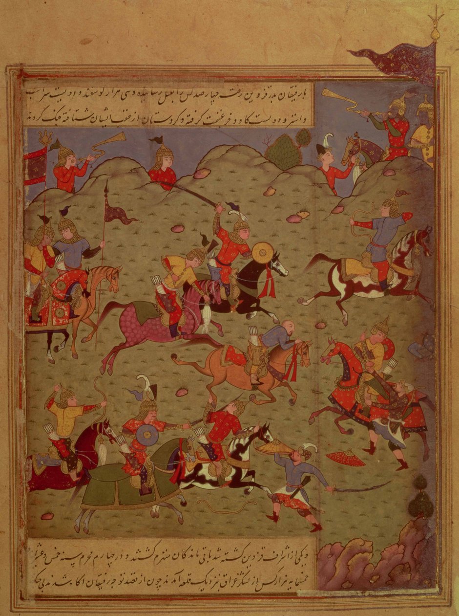 Codrington MS (No.249A). Een gevechtsscène, uit de Iskandar-nama door Nizami, ca. 1525 door Persian School