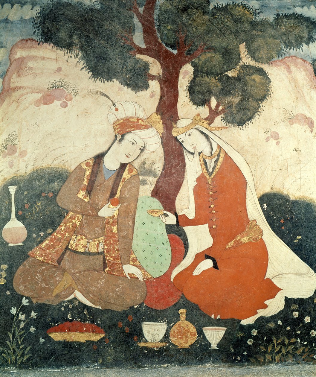 Galante scène uit het tijdperk van Shah Abbas I, 1585-1627 (detail) door Persian School