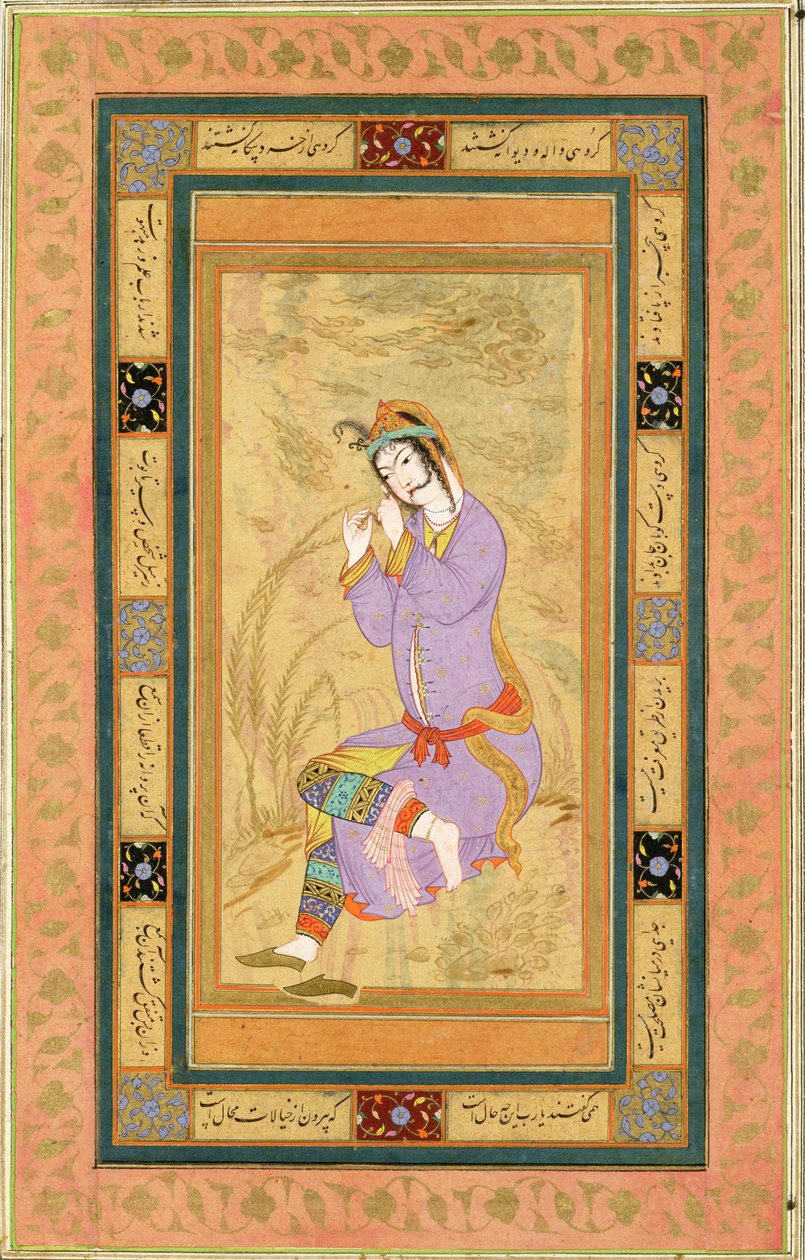 Zittend meisje dat haar haar in krullen draait, uit het Grote Clive Album, c.1600-10 door Persian School
