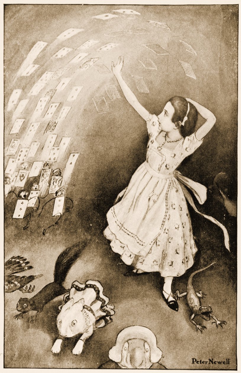 Hierop steeg het hele pak de lucht in, illustratie voor Alice