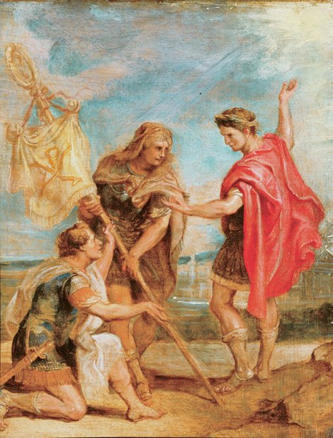 Constantijn ontvangt de standaard met het monogram van Christus als keizerlijk teken door Peter Paul Rubens