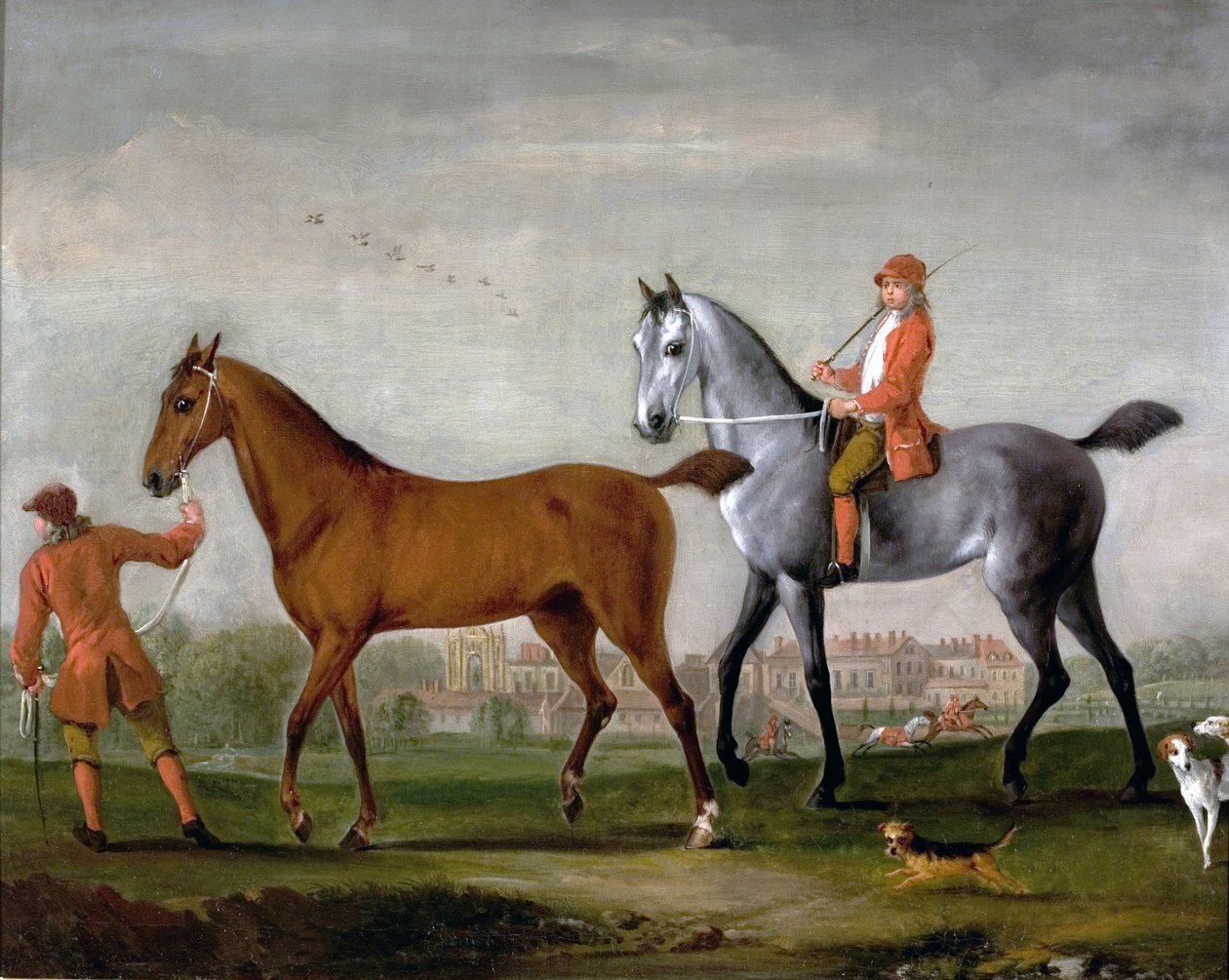 Twee renpaarden met stalknechten en honden in het park bij Newstead Abbey, Nottinghamshire, 1724 door Peter Tillemans