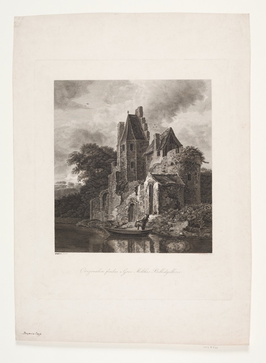 Kasteelruïne bij een rivier door Peter Christian Schøler