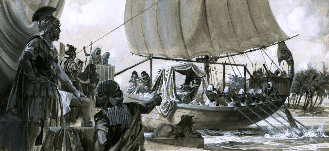 Cleopatra in haar schuit (gouache op papier) door Peter Jackson