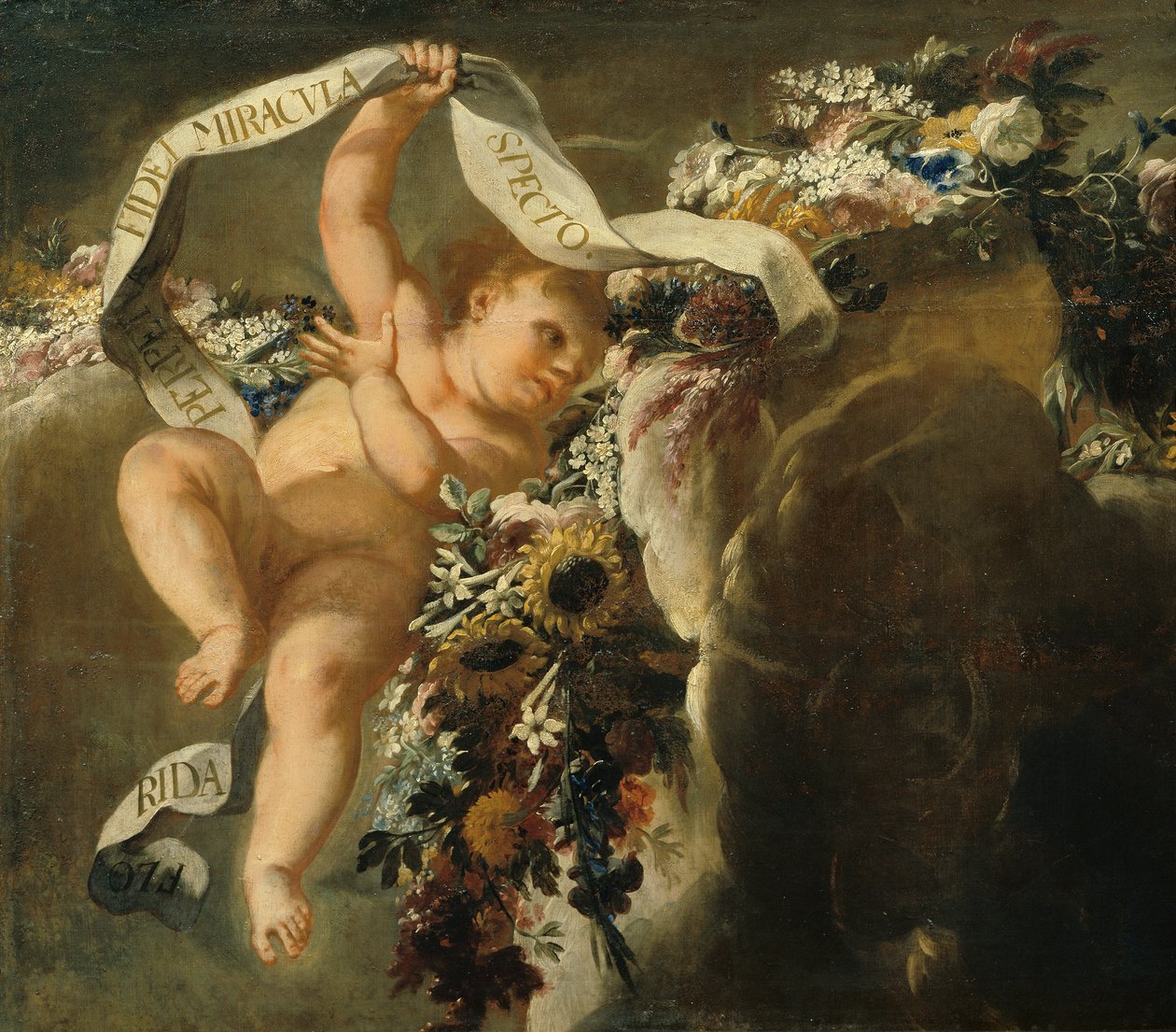 Putto met bloemenkrans en spreukband door Peter Strudel