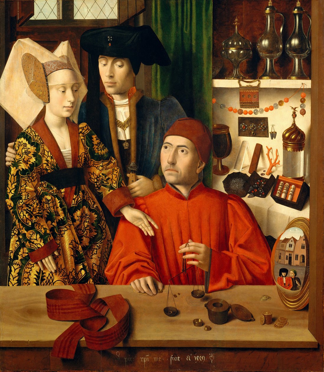 Een goudsmid in zijn winkel door Petrus Christus