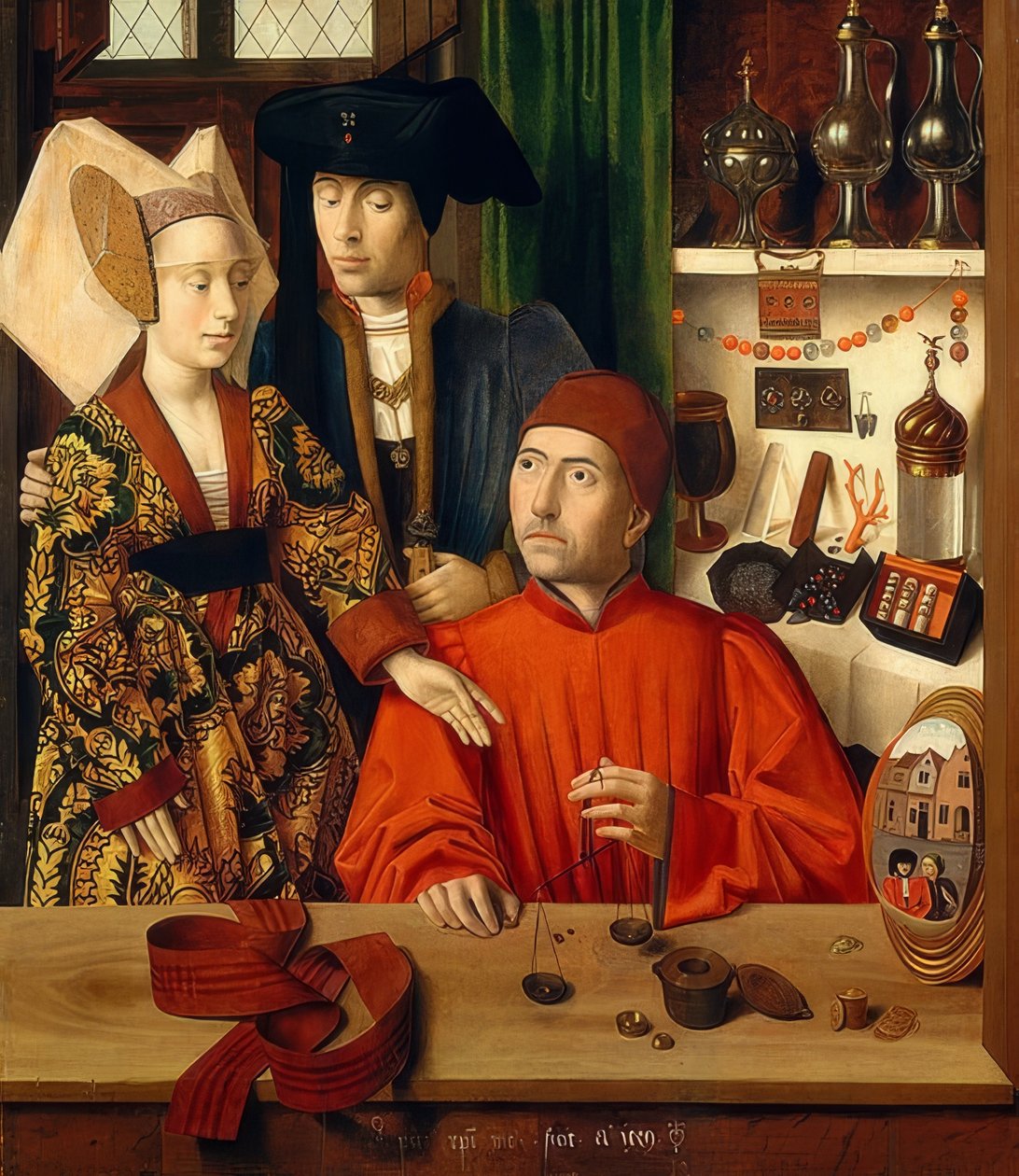 Goudsmid in zijn winkel door Petrus Christus
