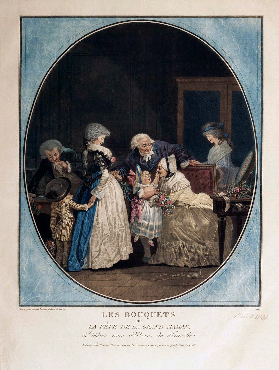 Gefeliciteerd met de naamdag van de grootmoeder, 1788 door Philibert Louis Debucourt