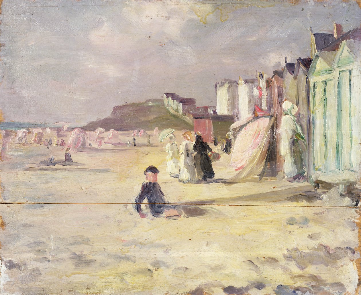 Figuren die langs een rij strandhutten lopen door Philip Wilson Steer