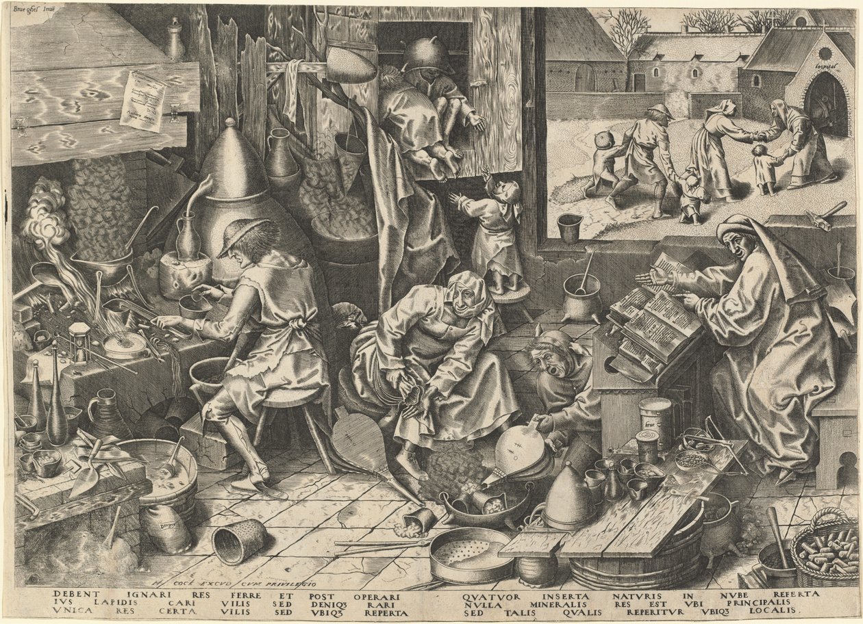 De alchemist door Philip Galle after Pieter Bruegel the Elder