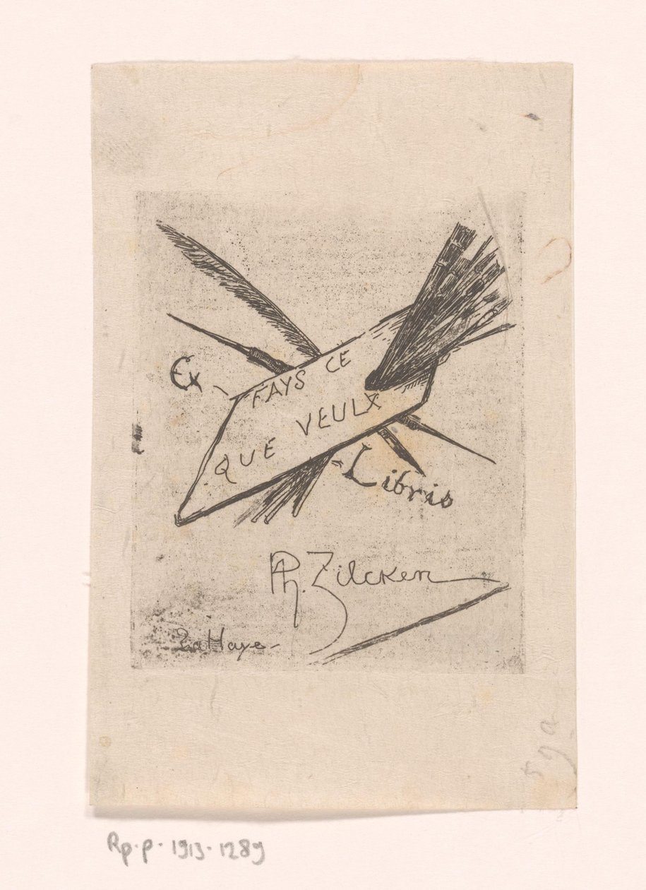 Ex libris met pennen, kwasten en palet door Philip Zilcken