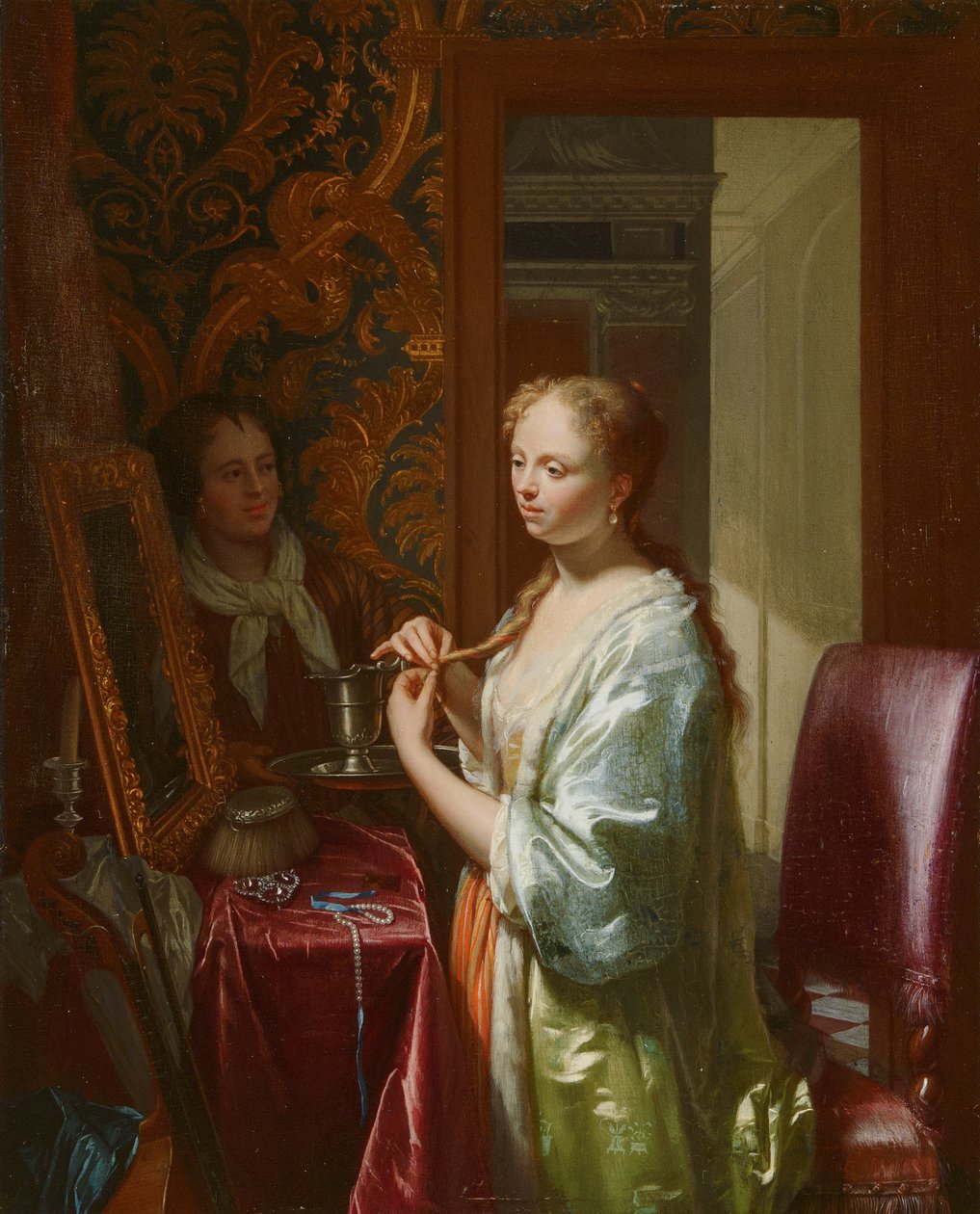 Dame bij haar toilet, ca. 1720 door Philip van Dijk