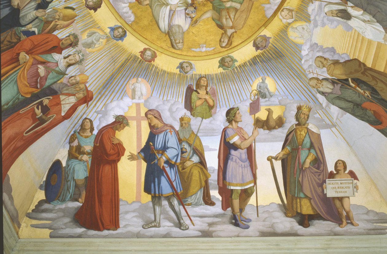 Gewelf van de kamer van Dante, detail: Dante, Beatrice, Keizerin Constance, de Clarissa Piccarda Romeo van Villanova en Keizer Justinianus door Philipp Veit