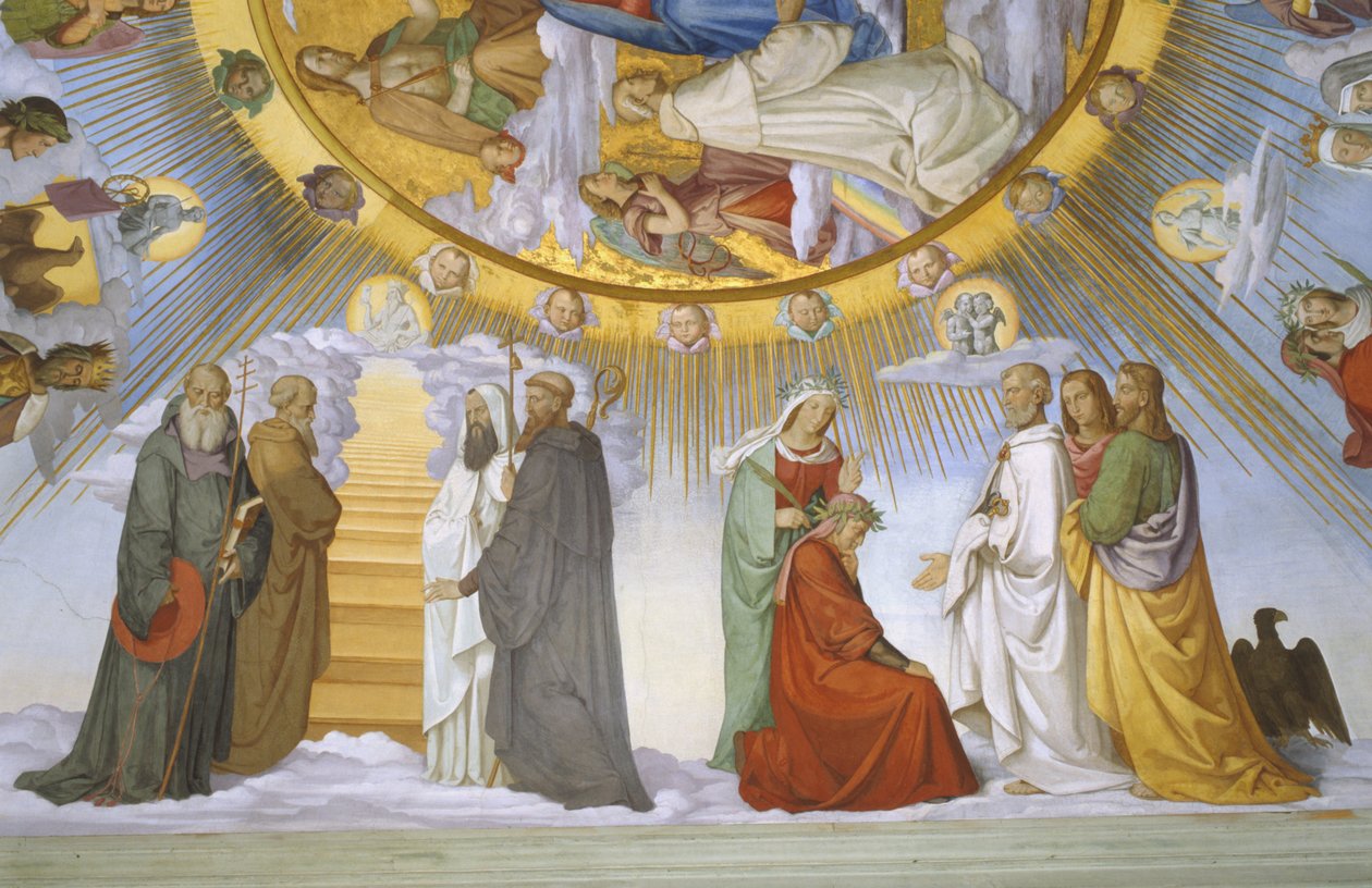 Gewelf van de kamer van Dante, detail: Dante, Beatrice, Keizerin Constance, de Clarissa Piccarda Romeo van Villanova en Keizer Justinianus door Philipp Veit
