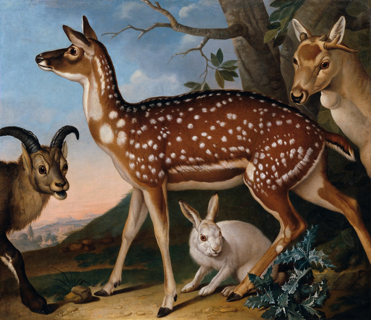 Damwild, steenbok en haas door Philipp Ferdinand de Hamilton