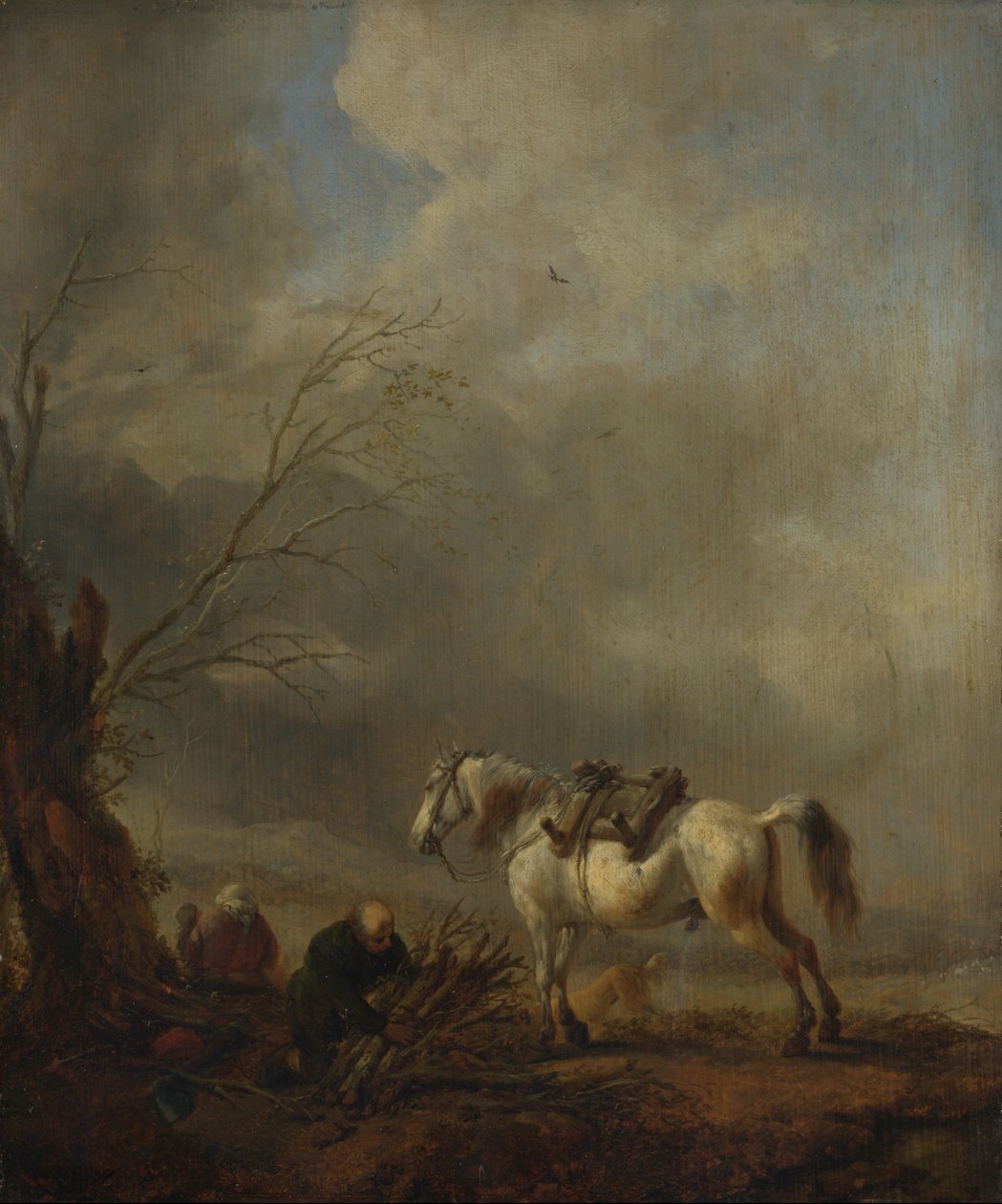 Een wit paard en een oude man die takkenbossen bindt door Philips Wouwerman