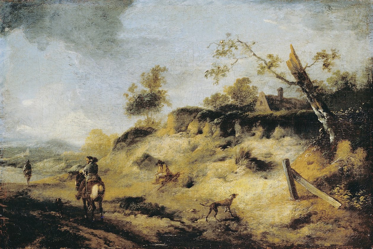Zandbank met reizigers door Philips Wouwerman