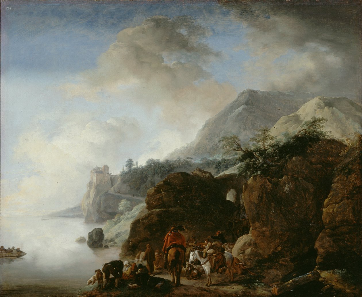 Reizigers wachten op een veerboot door Philips Wouwerman