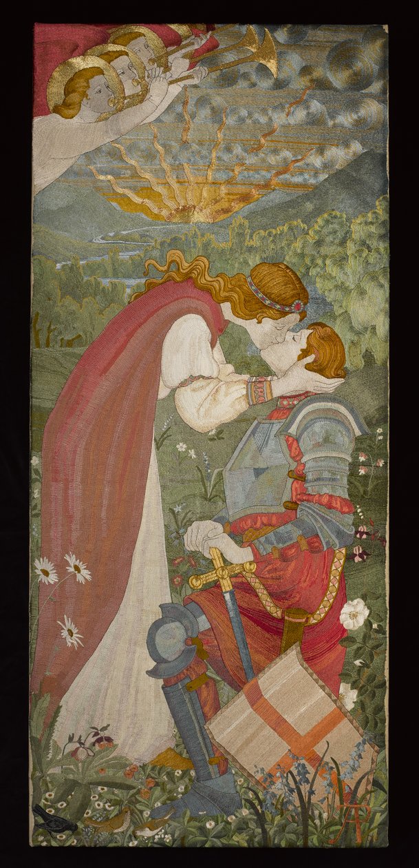 St. George In Wapenrusting Wordt Gekust Door Una, 1914 (borduurwerk met zijde en goud) door Phoebe Anna Traquair