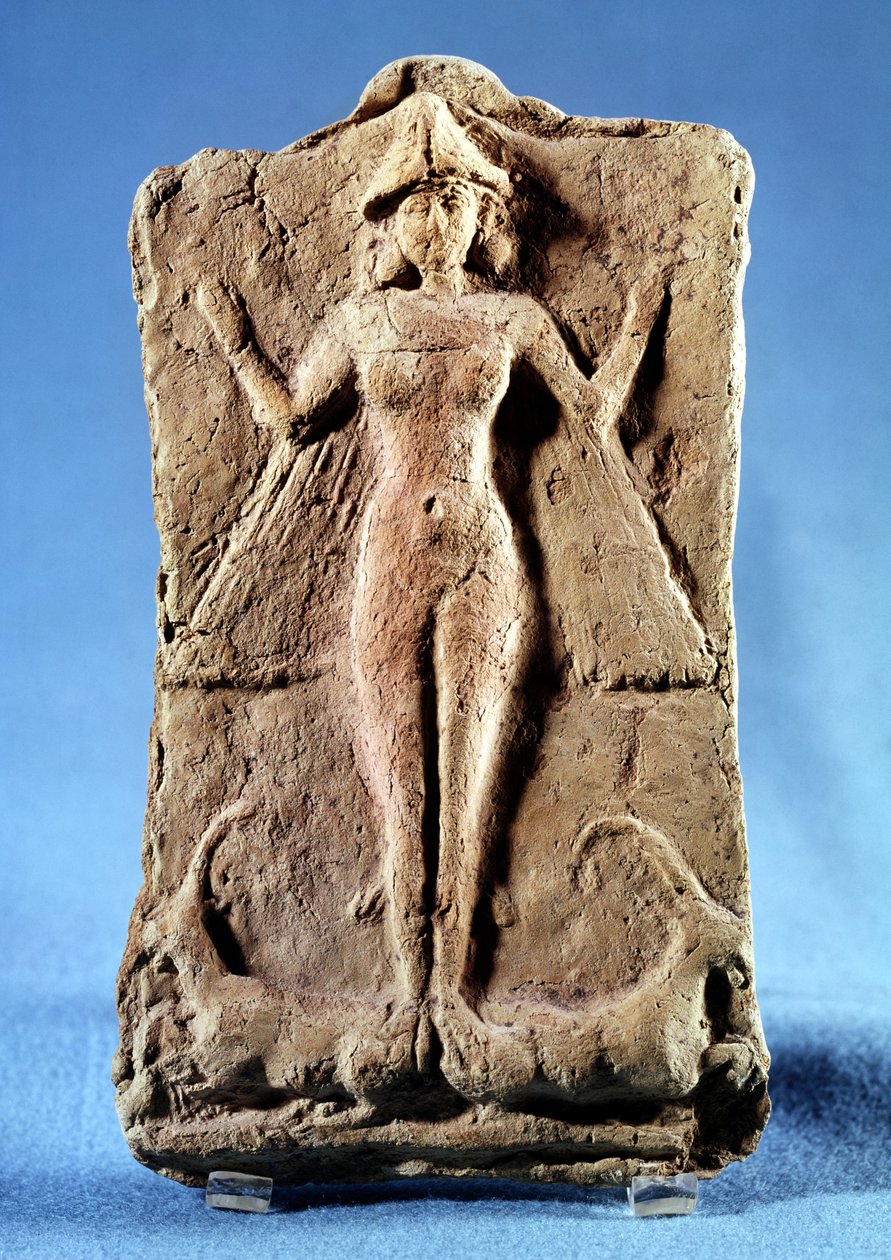 Plaquette met een gevleugelde godin, mogelijk Ishtar, staande op twee steenbokken, uit Ras Shamra (Ugarit) 3e millennium v.Chr. door Phoenician