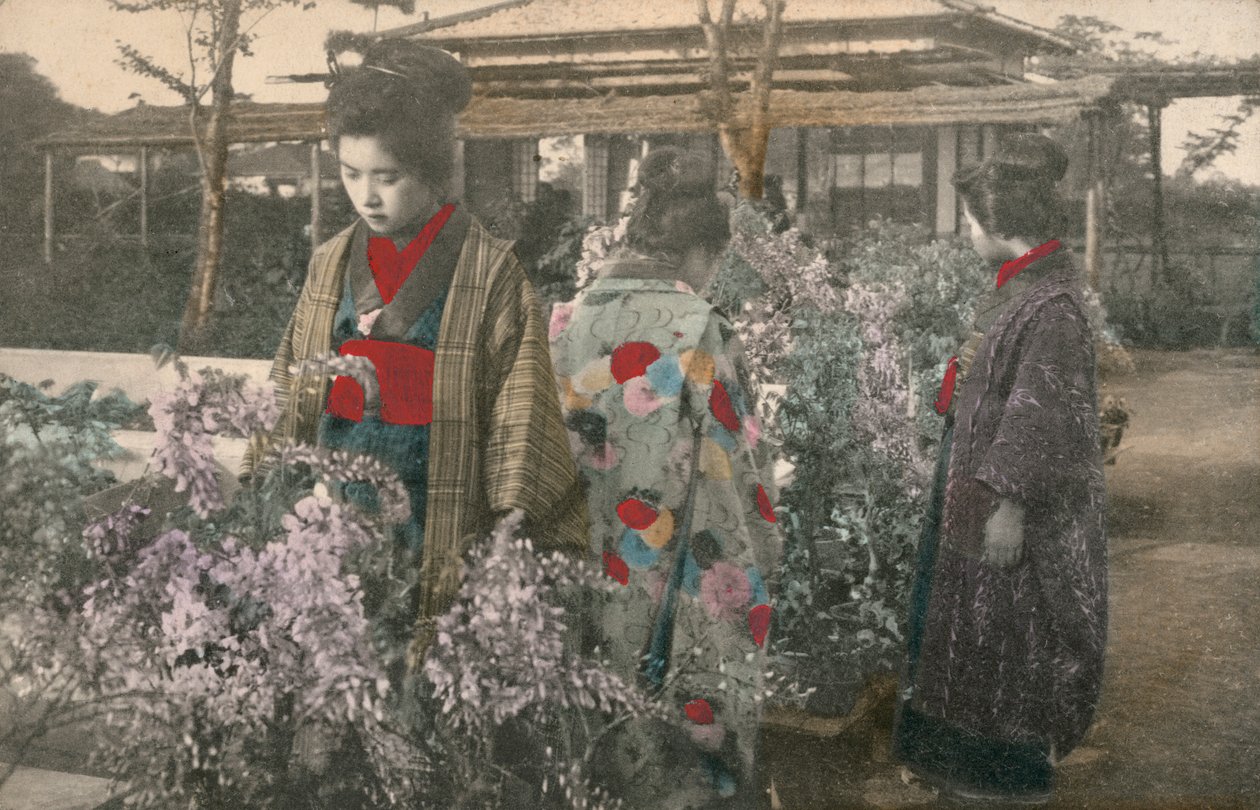 Japanse vrouwen met wisteriaplanten door Photographer Japanese