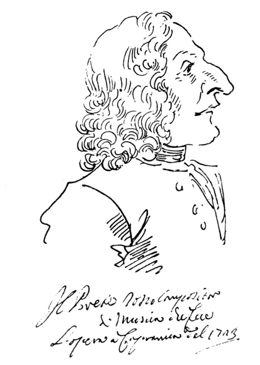 Karikatuur van componist Antonio Vivaldi, 1723 door Pier Leone Ghezzi