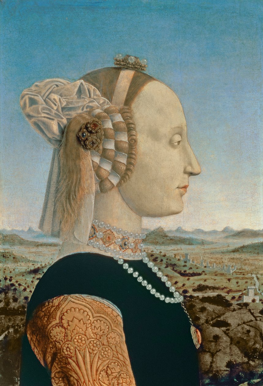Battista Sforza, vrouw van Federigo da Montefeltro, hertog van Urbino, ca. 1465 (detail) door Piero della Francesca