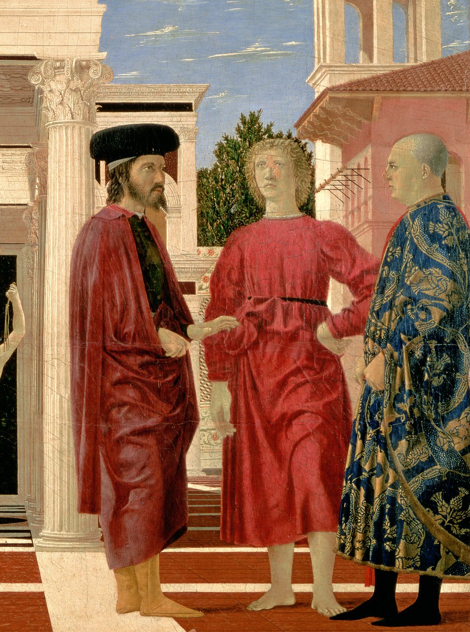 De Geseling van Christus (detail van de drie figuren op de voorgrond) door Piero della Francesca
