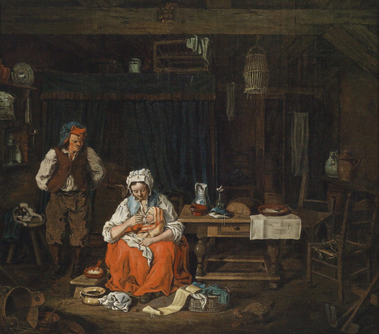 Boereninterieur met een jonge moeder die borstvoeding geeft door Pierre Alexandre Wille