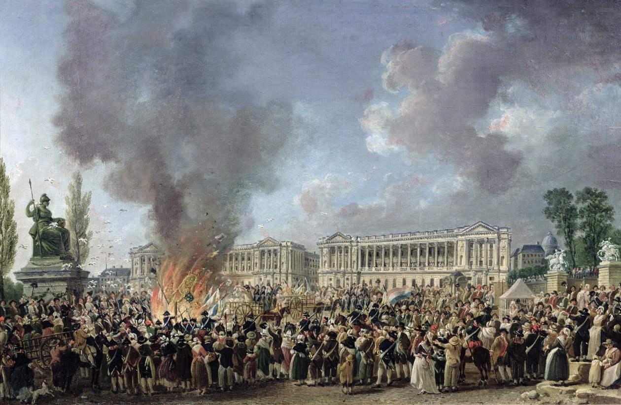 De viering van eenheid, vernietiging van de symbolen van monarchie, Place de la Concorde, 10 augustus 1793 door Pierre Antoine Demachy