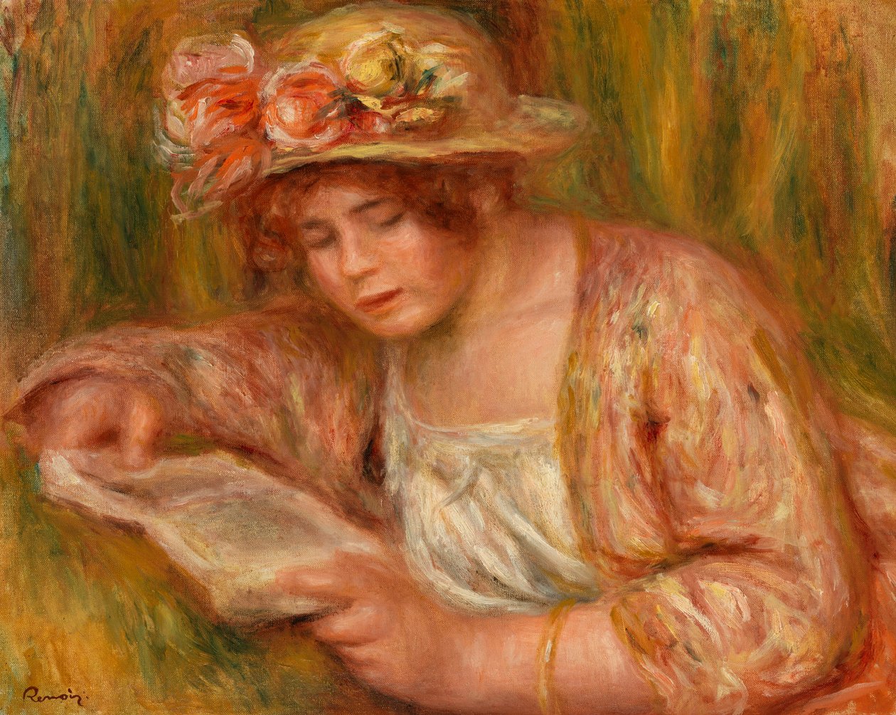 Andrée met een hoed, lezend door Pierre Auguste Renoir