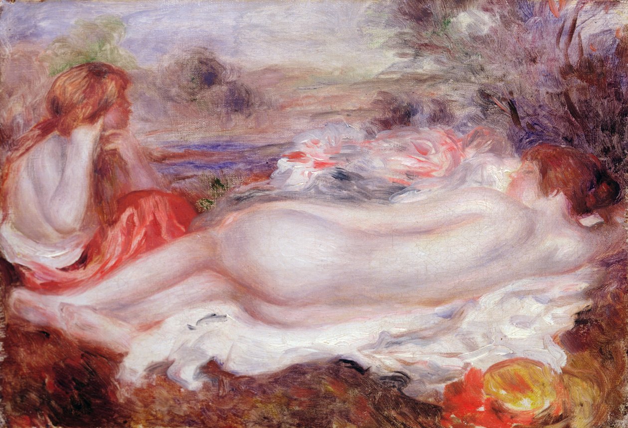 Bader liggend en een jong meisje dat haar haar doet, 1896 door Pierre Auguste Renoir