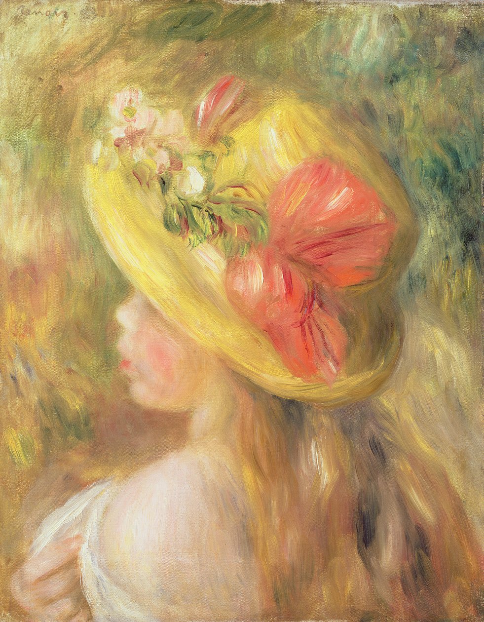 Hoofd van een meisje met een hoed, 1893 door Pierre Auguste Renoir