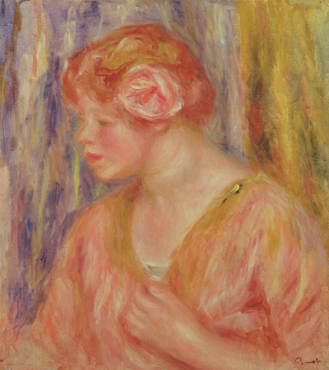 Roodharige vrouw met rozen in haar haar door Pierre Auguste Renoir