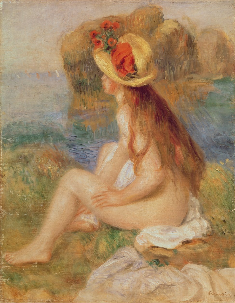 Zittende vrouwelijke badster met een strohoed door Pierre Auguste Renoir