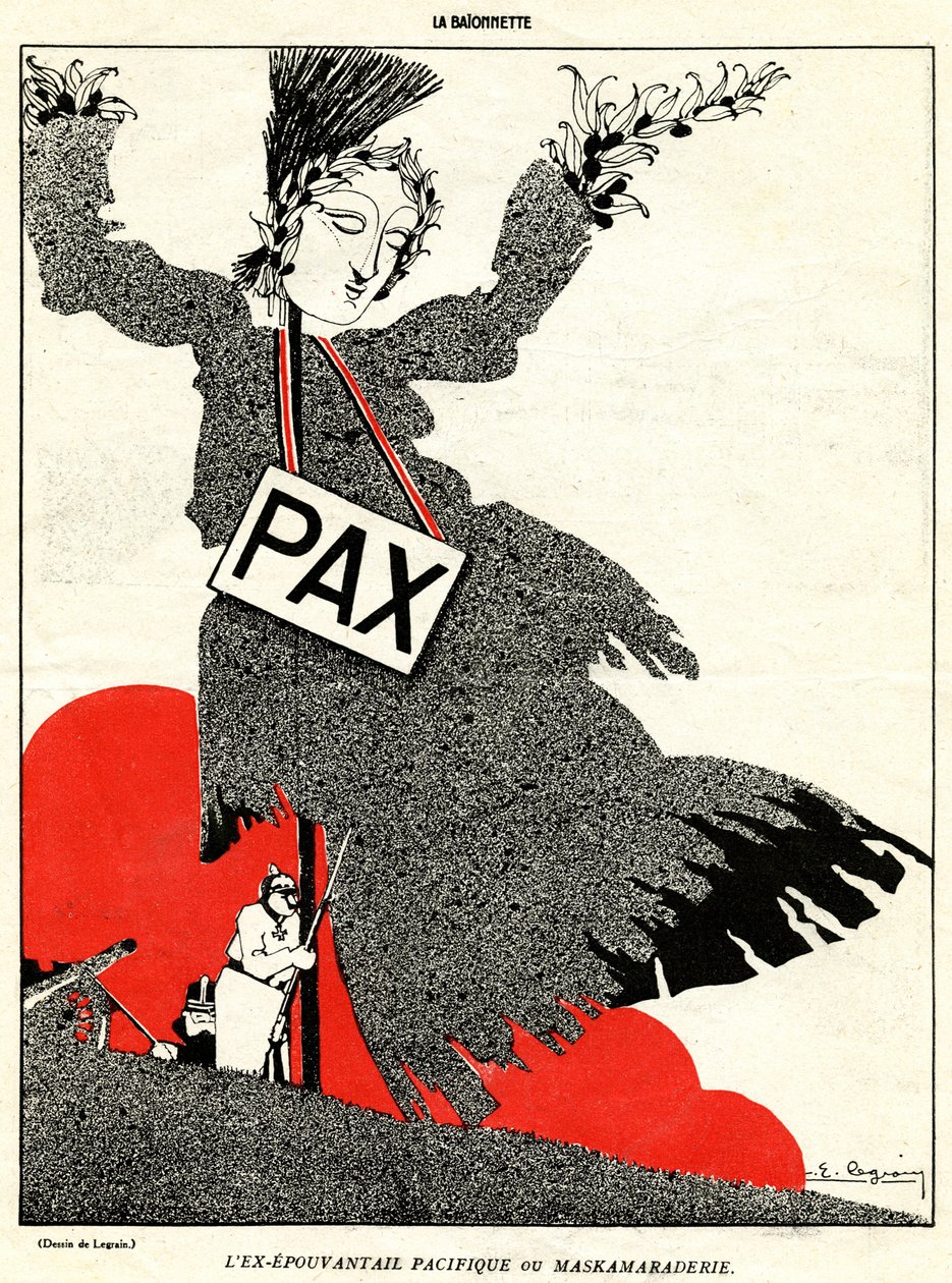 De voormalige vreedzame vogelverschrikker of Maskamaraderie, uit Kamerad!, een speciale editie van "La Baionnette", nr. 18, 4 november 1915 door Pierre E. Legrain